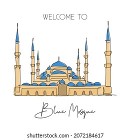 Une seule ligne de repère de la Mosquée Bleue. Maison célèbre à Istanbul, Turquie. Carte postale de tourisme décor intérieur mur-affiche concept d'impression d'affiches d'art. Illustration vectorielle du dessin de ligne continu moderne