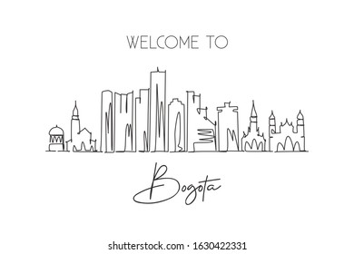 One single line drawing Bogota city skyline, Colombia. World historical town landscape postcard. Best holiday place destination. Editable stroke trendy continuous line draw design vector illustration