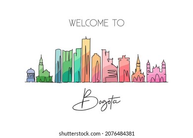 One single line drawing Bogota city skyline, Colombia. World historical town landscape postcard. Best holiday place destination. Editable stroke trendy continuous line draw design vector illustration