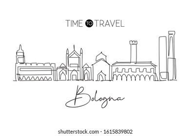 One single line drawing of Bologna city skyline, Italy. Historical skyscraper landscape in world. Best holiday destination wall decor poster art. Trendy continuous line draw design vector illustration