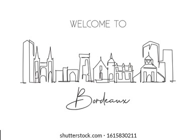One single line drawing of Bordeaux city skyline, France. Historical skyscraper landscape in world. Best holiday home wall decor poster art destination. Continuous line draw design vector illustration
