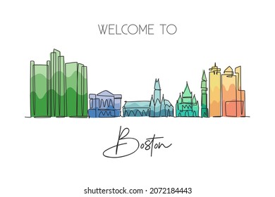 One single line drawing Boston city skyline, United States. Historical town landscape in world. Best holiday destination wall decor art. Editable trendy continuous line draw design vector illustration