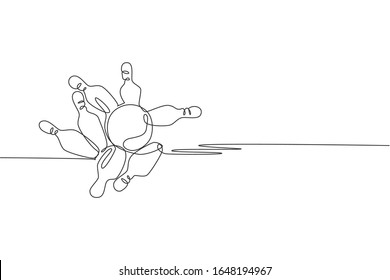 One single line drawing of bowling ball thrown to bowling pins until falling apart vector graphic illustration. Leisure activity and recreational game sport concept. Modern continuous line draw design