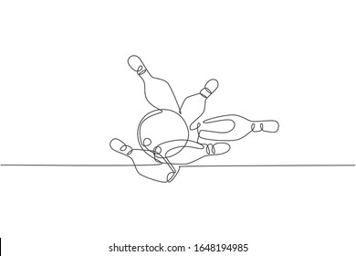 One single line drawing of bowling ball hit bowling pins to falling apart at alley lane graphic vector illustration. Leisure activity and game sport concept. Modern continuous line draw design