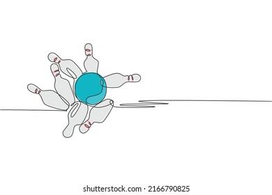 One single line drawing of bowling ball thrown to bowling pins until falling apart vector graphic illustration. Leisure activity and recreational game sport concept. Modern continuous line draw design