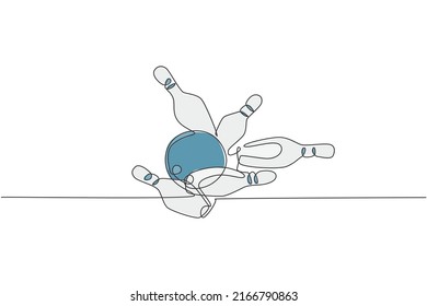 One single line drawing of bowling ball hit bowling pins to falling apart at alley lane graphic vector illustration. Leisure activity and game sport concept. Modern continuous line draw design