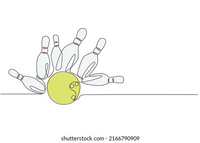 One single line drawing of bowling pins falling apart hit by bowling ball at alley lane graphic vector illustration. Leisure activity and game sport concept. Modern continuous line draw design