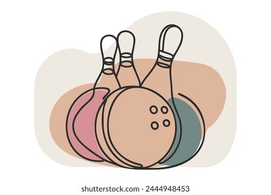 Dibujo de una sola línea de bolos que se desmoronan golpeados por una bola de bowling en la Ilustración vectorial gráfica del callejón. Actividad de ocio y concepto de deporte de juego. Diseño moderno de dibujo de línea continua