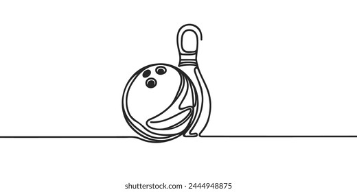 One single line drawing of bowling pins falling apart hit by bowling ball at alley lane graphic vector illustration. Leisure activity and game sport concept. Modern continuous line draw design