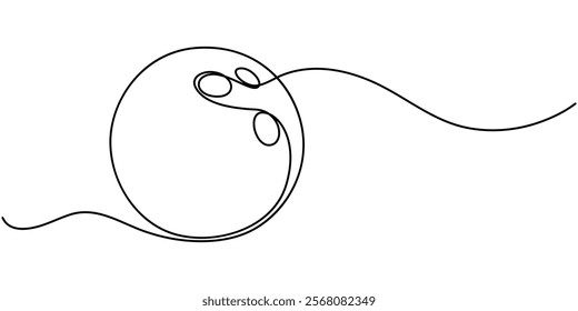 One single line drawing of bowling ball hit bowling pins to falling apart at alley lane graphic vector illustration. Leisure activity and game sport concept. Bowling game continuous one line drawing.