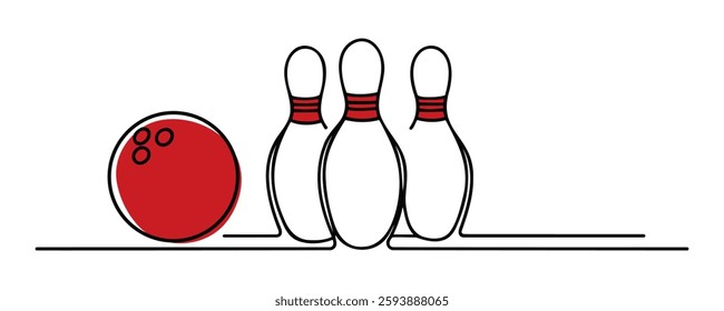 One single line drawing of bowling pins falling apart hit by bowling ball at alley lane graphic vector illustration. Leisure activity and game sport concept. Modern continuous line draw design