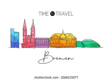 Eine einzige Linie, die Bremen City Skyline zeichnet, Deutschland. Historische Wolkenkratzer-Landschaft in der Welt. Das beste Ferienhaus-Wanddekor-Zielplakat. Trendsetter-Design mit kontinuierlicher Linie, Vektorgrafik