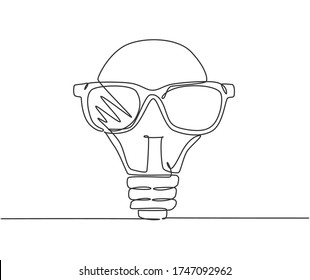 Un dibujo de una sola línea de bombilla luminosa con la identidad del logo de las gafas de sol de moda. Concepto de plantilla de icono de logotipo de carácter genial. Ilustración gráfica de diseño de líneas continuas dinámicas