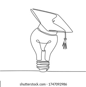 One single line drawing of bright lightbulb wearing graduation cap logo identity. Smart study academy logotype icon template concept. Dynamic continuous line draw design graphic vector illustration