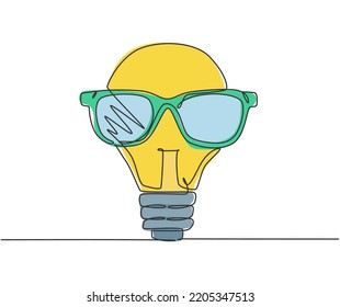 One single line drawing of bright light bulb with trendy sun glasses logo identity. Cool character logotype icon template concept. Dynamic continuous line draw design graphic vector illustration