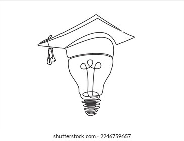 One single line drawing of bright lightbulb wearing graduation cap identity. Academy logotype icon template concept. Continuous line draw design graphic vector illustration