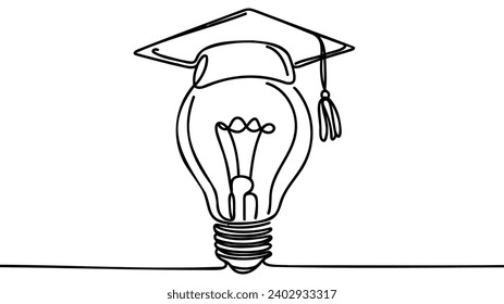 One single line drawing of bright lightbulb wearing graduation cap identity. Academy logotype icon template concept. Continuous line draw design graphic vector illustration