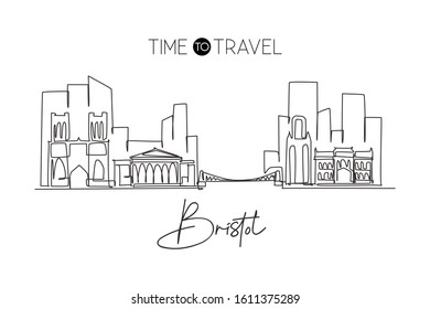One single line drawing of Bristol city skyline. Historical city skyscraper landscape. Best destination holiday vacation home wall decor poster concept. Continuous line draw design vector illustration