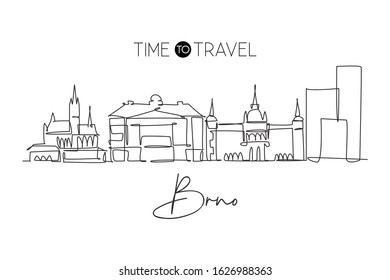 One single line drawing of Brno city skyline, Czech Republic. Historical town landscape in the world. Best holiday destination. Editable stroke trendy continuous line draw design vector illustration