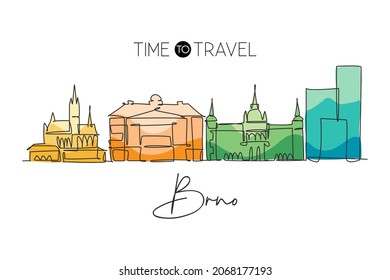 One single line drawing of Brno city skyline, Czech Republic. Historical town landscape in the world. Best holiday destination. Editable stroke trendy continuous line draw design vector illustration