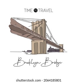 One single line drawing Brooklyn Bridge landmark. World famous place in New York City, USA. Tourism travel postcard wall decor home art poster. Modern continuous line draw design vector illustration