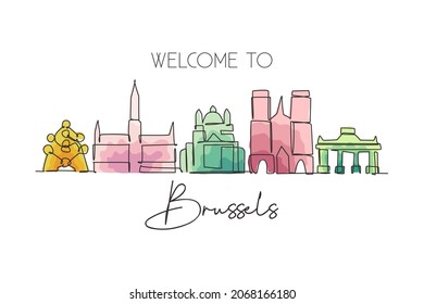 One single line drawing of Brussels city skyline, Belgium. Historical skyscraper landscape in world. Best holiday destination home wall decor. Trendy continuous line draw design vector illustration