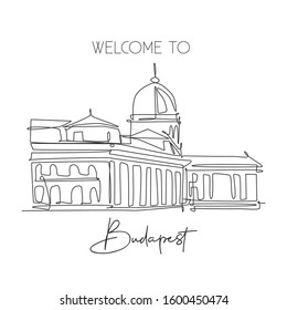 One single line drawing Buda Castle landmark. World famous iconic palace in Budapest Hungary. Tourism travel postcard wall decor poster print concept. Continuous line draw design vector illustration