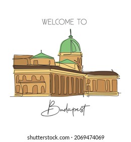 Eine einzige Linie Zeichnung Buda Castle Wahrzeichen. Weltberühmter ikonischer Palast in Budapest Ungarn. Tourismus Reise-Postkartendekor-Plakatdruckkonzept. Design der kontinuierlichen Linien, Vektorgrafik