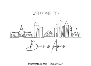 One single line drawing of Buenos Aires city skyline, Argentina. World historical town landscape. Best place holiday destination. Editable stroke trendy continuous line draw design vector illustration