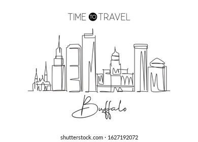 One single line drawing of Buffalo city skyline, United States. Historical town landscape in the world. Best holiday destination. Editable stroke trendy continuous line draw design vector illustration svg