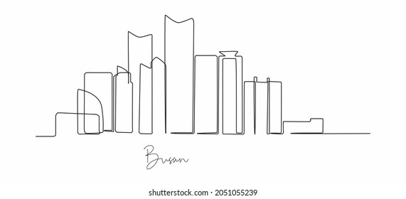 One single line drawing of Busan city skyline. Historical town landscape in the world. Best holiday destination. Editable stroke trendy continuous line draw design vector illustration