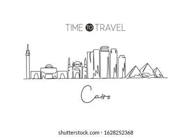 One single line drawing of Cairo city skyline, Egypt. Historical town landscape postcard print. Best holiday destination. Editable stroke trendy continuous line draw design vector graphic illustration