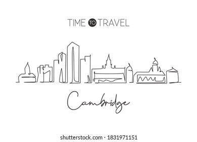 One single line drawing Cambridge city skyline Massachusetts. World historical town landscape postcard. Best holiday destination. Editable stroke trendy continuous line draw design vector illustration