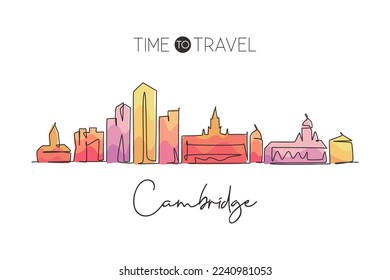 One single line drawing Cambridge city skyline Massachusetts. World historical town landscape postcard. Best holiday destination. Editable stroke trendy continuous line draw design vector illustration