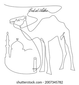 Eine einzelne Zeichnung von Camel. Muslimische Feiertage das Opfer Tier wie Ziegen oder Schafe, Kamel und Kuh, Eid al Adha Grußkartenkonzept fortlaufende Linie ziehen Design-Illustration.