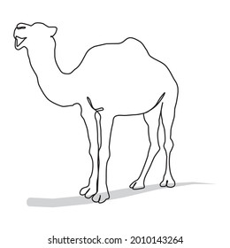 One single line drawing of Camel. Muslim holiday the sacrifice animal, Eid al Adha greeting card concept continuous line draw design illustration. Vector illustration of camel animal.
