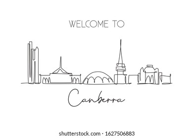 One single line drawing Canberra city skyline, Australia. Historical town landscape. Best holiday destination home wall decor poster print art. Trendy continuous line draw design vector illustration svg