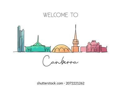 One single line drawing Canberra city skyline, Australia. Historical town landscape. Best holiday destination home wall decor poster print art. Trendy continuous line draw design vector illustration svg