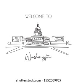 One Single Line Drawing Capitol Hill Landmark. World Famous Place In Washington DC, USA. Tourism Travel Postcard Wall Decor Home Art Poster. Modern Continuous Line Draw Design Vector Illustration