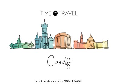 One single line drawing of Cardiff city skyline, Wales. Historical town landscape in the world. Best holiday destination poster. Editable stroke trendy continuous line draw design vector illustration