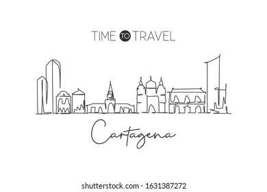 One single line drawing Cartagena city skyline, Colombia. World town landscape home wall decor poster print art. Best place holiday destination. Trendy continuous line draw design vector illustration