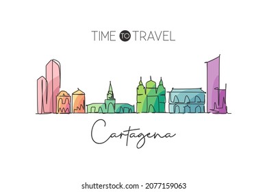 One single line drawing Cartagena city skyline, Colombia. World town landscape home wall decor poster print art. Best place holiday destination. Trendy continuous line draw design vector illustration