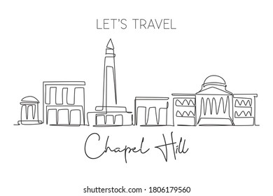 One Single Line Drawing Of Chapel Hill City Skyline, North Carolina. Town Landscape For Home Wall Decor Poster. Best Holiday Destination. Trendy Continuous Line Draw Graphic Design Vector Illustration