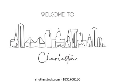 One single line drawing Charleston city skyline South Carolina. World historic town landscape. Best holiday destination postcard. Editable stroke trendy continuous line draw design vector illustration