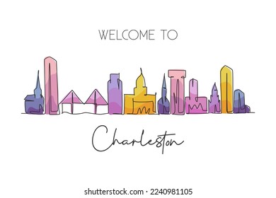 One single line drawing Charleston city skyline South Carolina. World historic town landscape. Best holiday destination postcard. Editable stroke trendy continuous line draw design vector illustration