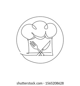 One Single Line Drawing Of Chef Hat Or Cap With Fork And Knife For Restaurant Vector Graphic Illustration. Elegant Cafe Badge Concept. Modern Continuous Line Draw Design Street Food Logotype