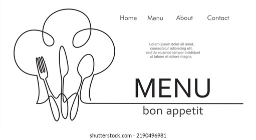 One Single Line Drawing Of Chef Hat Or Cap With Fork, Spoon And Knife For Restaurant Vector Graphic Illustration. Elegant Cafe Badge Concept. Modern Continuous Line Draw Design Street Food Logotype