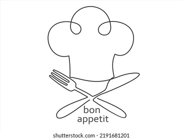 One Single Line Drawing Of Chef Hat Or Cap With Fork And Knife For Restaurant Vector Graphic Illustration. Elegant Cafe Badge Concept. Modern Continuous Line Draw Design Street Food Logotype