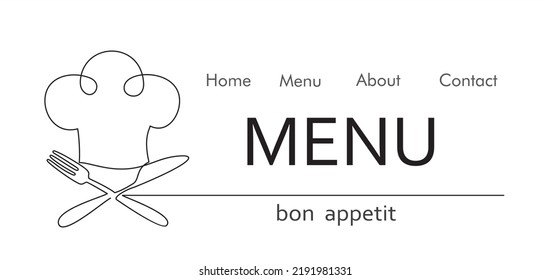Eine einzige Linie Zeichnung von Kochmütze oder Kappe mit Gabel und Messer für Restaurant, Vektorgrafik. Elegantes Café-Badge-Konzept. Modernes, durchgehendes Liniendesign für Straßenfutter