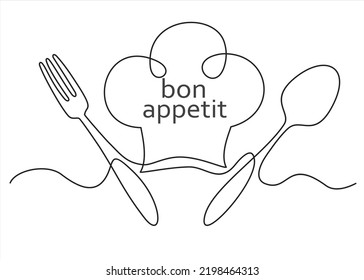 One single line drawing chef hat cap and fork   spoon for restaurant vector graphic illustration  Elegant cafe badge concept  Modern continuous line draw design street food logotype